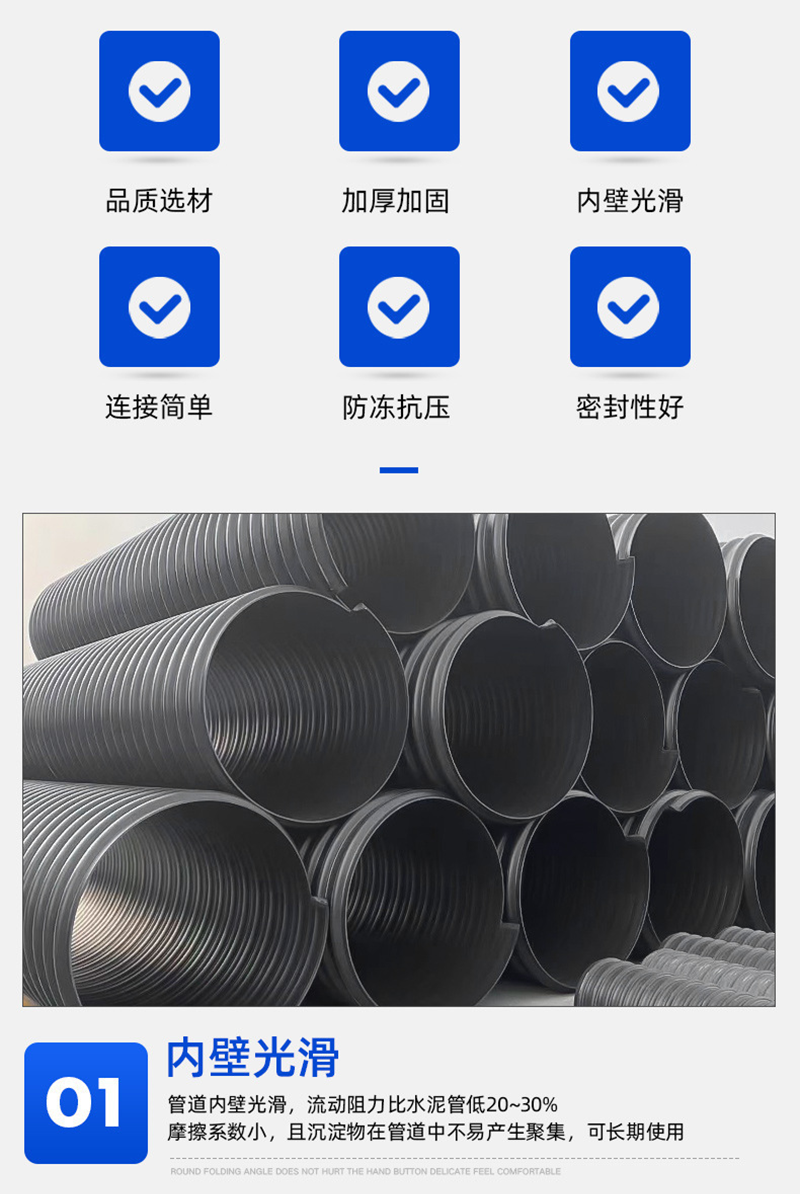 Armored PE double wall corrugated pipe HDPE large diameter steel strip pipe 3DN200 black steel strip reinforced sewage drainage blind pipe