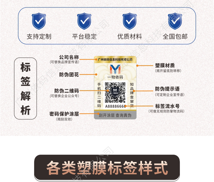 Plastic film anti counter heating label, double effect double layer adhesive label, one item, one code, Cosmetics