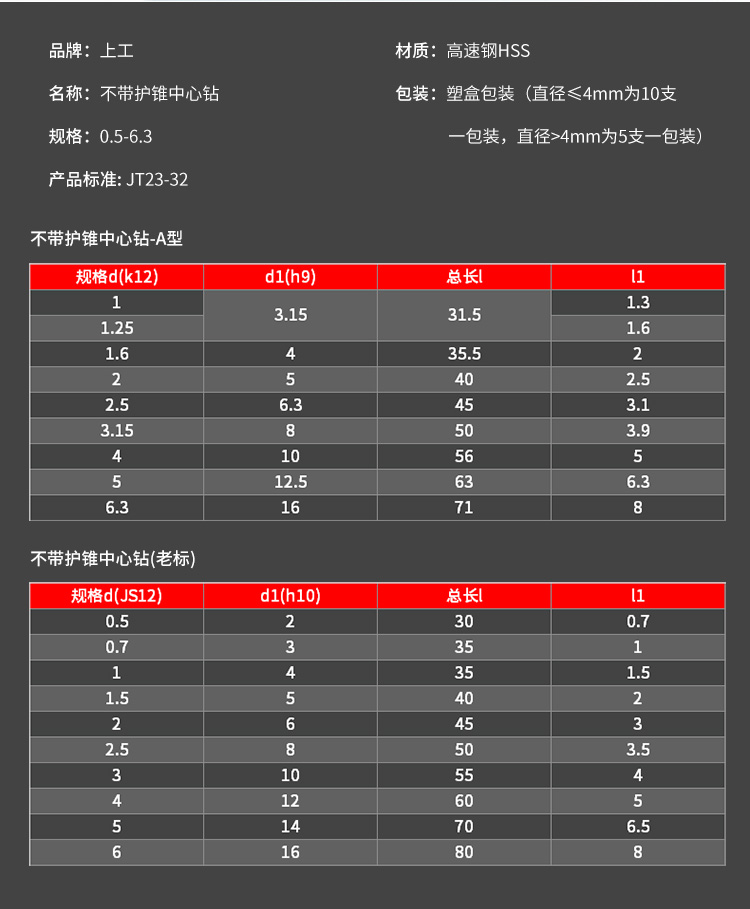 Shanggong Center Drill without Protective Cone (Old Standard) High Speed Steel HSS Specification 1.0-6.0mm