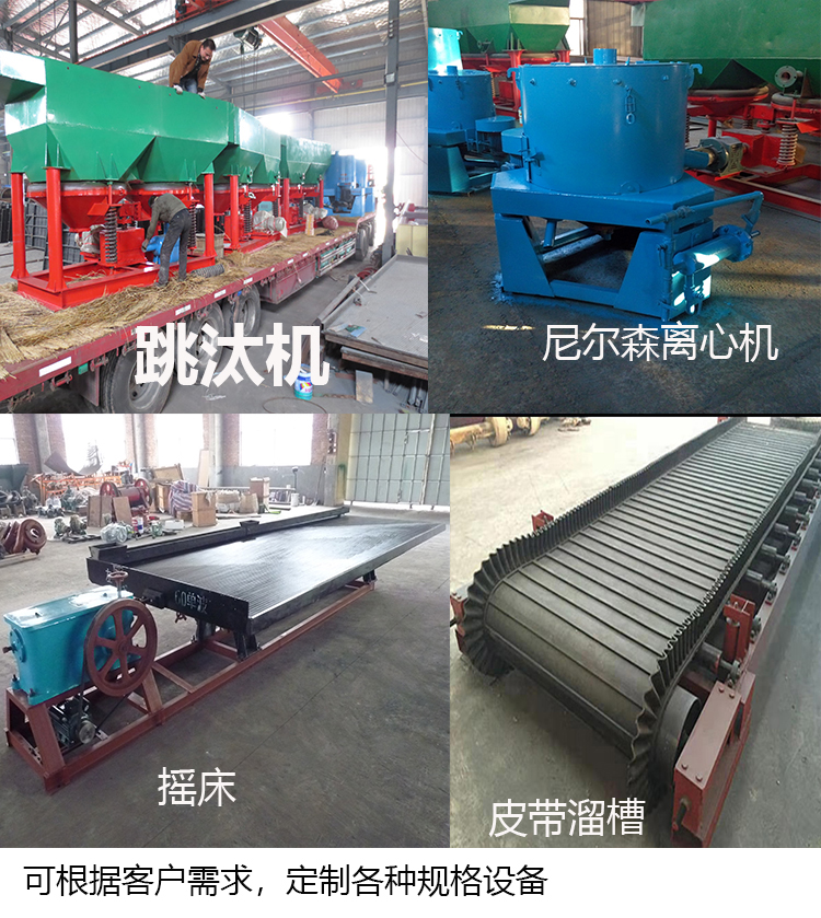 Full set of gold panning process, ore, sand, gold panning machine, chute selection machine, dry land, river mouth gold panning equipment