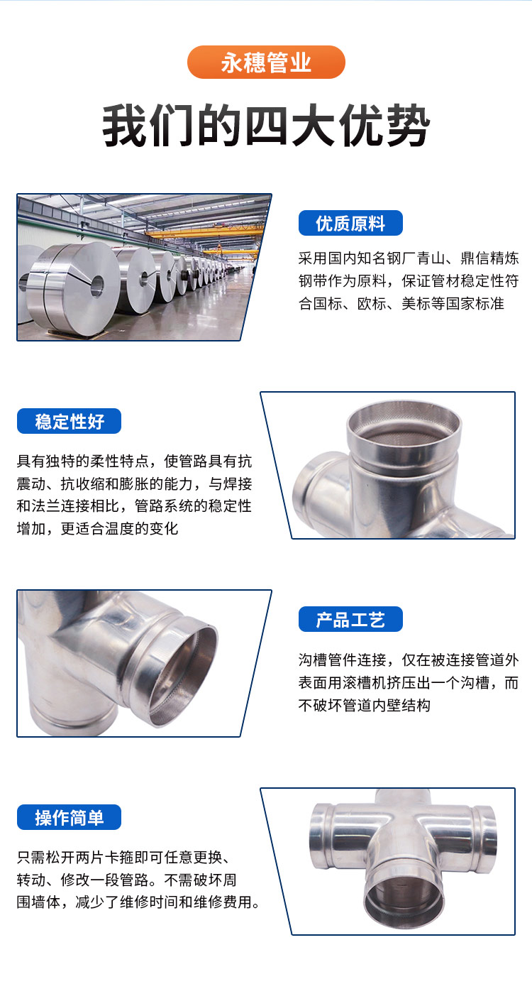 Four way stainless steel pipe fittings grooved connection 304 equal diameter pipeline smooth stainless steel water pipe fittings factory