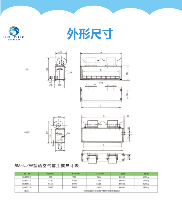 Steam hot air curtain, centrifugal hot water type air curtain machine for Unico factory building, low energy consumption and large air volume