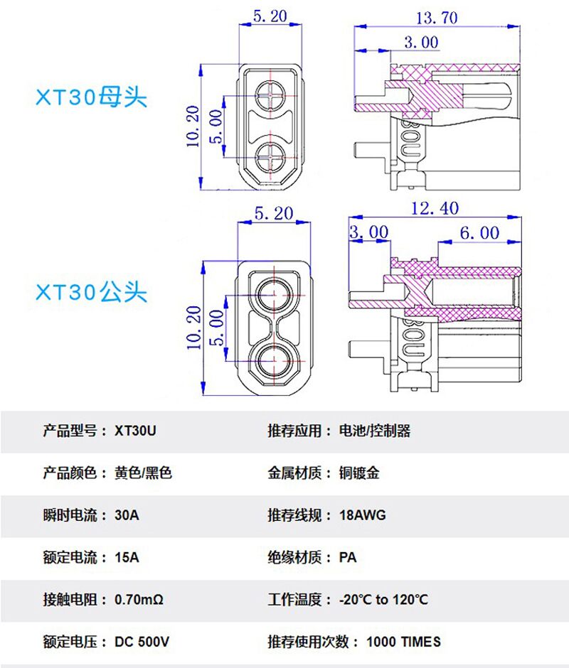 New energy XT30U male and female terminal XT60-90 lithium battery high current air connection connector gold plated plug