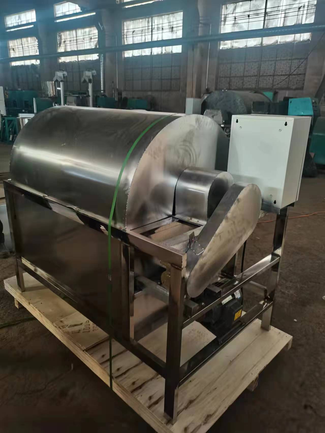 Large filling frying machine, drum frying pan, electromagnetic heating, horizontal stirring frying pan