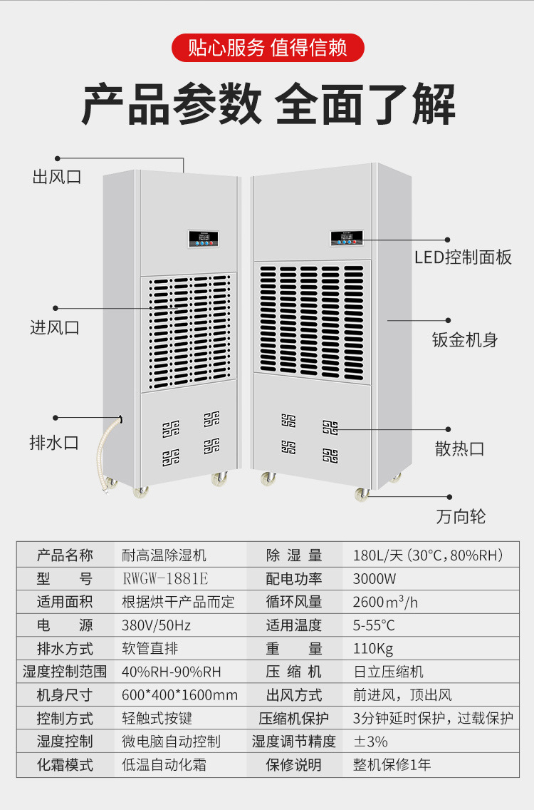 High temperature resistant industrial dehumidifier Small drying room 5-55 ℃ EPC shopping mall basement drying dehumidifier