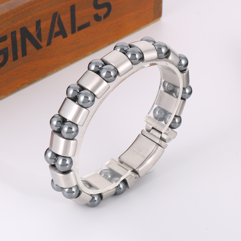 New style magnetic bracelet with wheels, European and American fashion double row gray iron stone round bead stainless steel men's bracelet