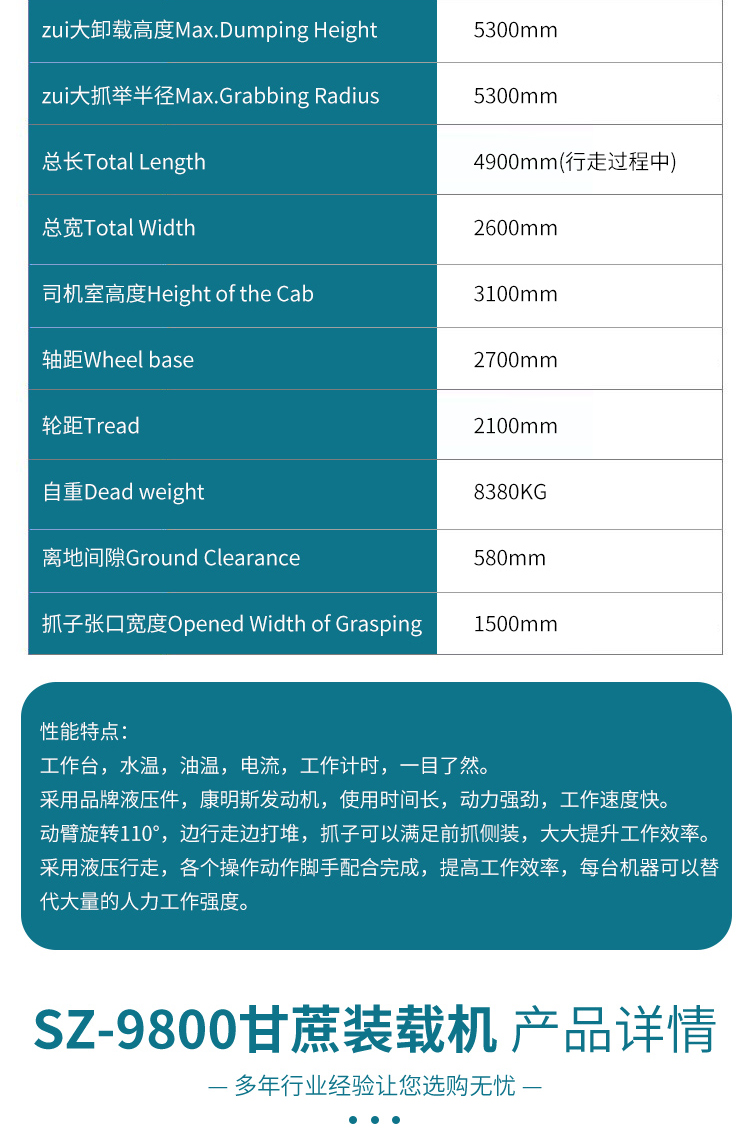 Sugarcane loader and sugarcane grabbing machine have high hydraulic walking efficiency and can be customized according to needs