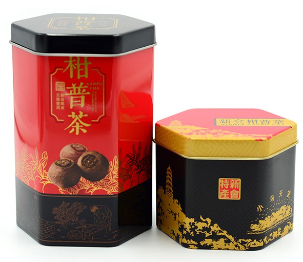 Customized hexagonal tea packaging iron box for manufacturers, small green citrus and Pu tea packaging box, irregular tin can