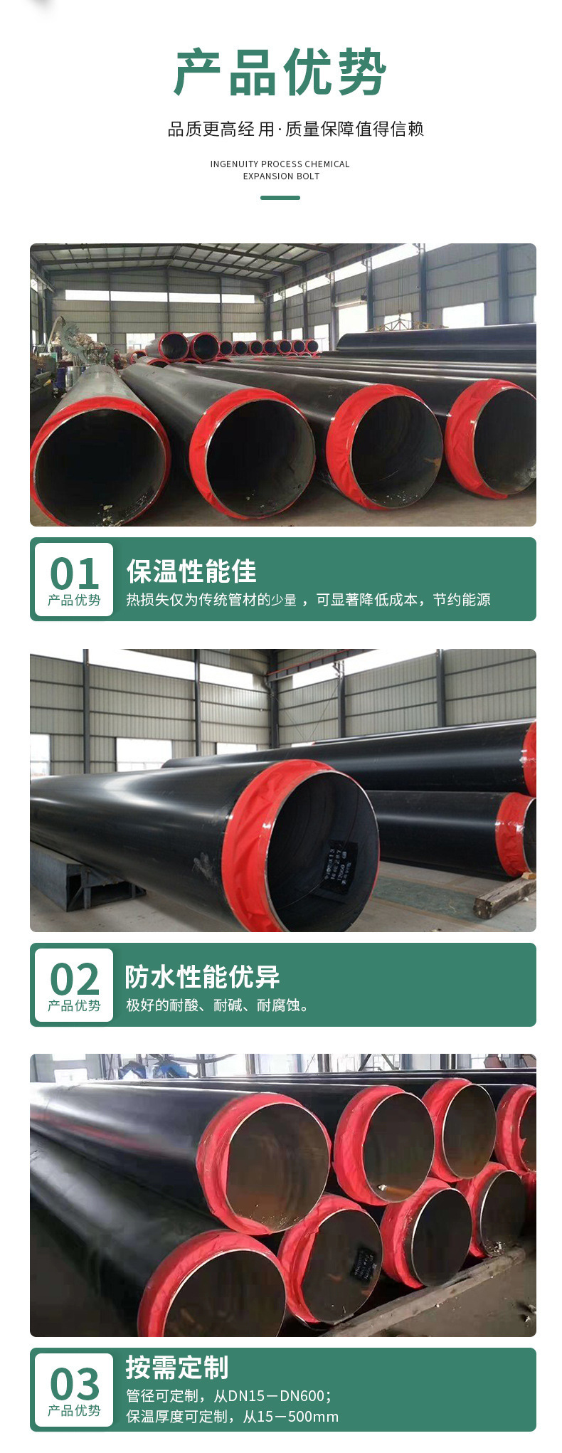 Two step method polyurethane directly buried insulation steel pipe, prefabricated thermal insulation pipe, can be customized