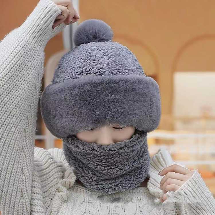 网红新款帽子围巾一体女冬季加厚围脖护耳连帽防寒保暖批发代发