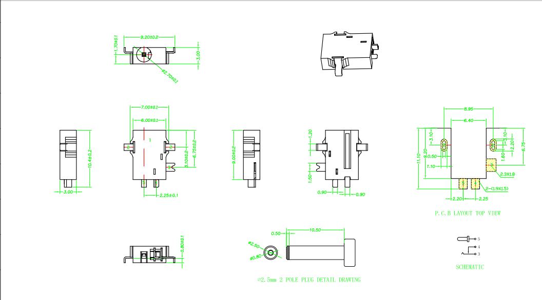 Sink plate DC socket DC-056C, five pin front plug and rear patch, high temperature resistant front 2 pin bent back 3 patch, 0.65 inner pin