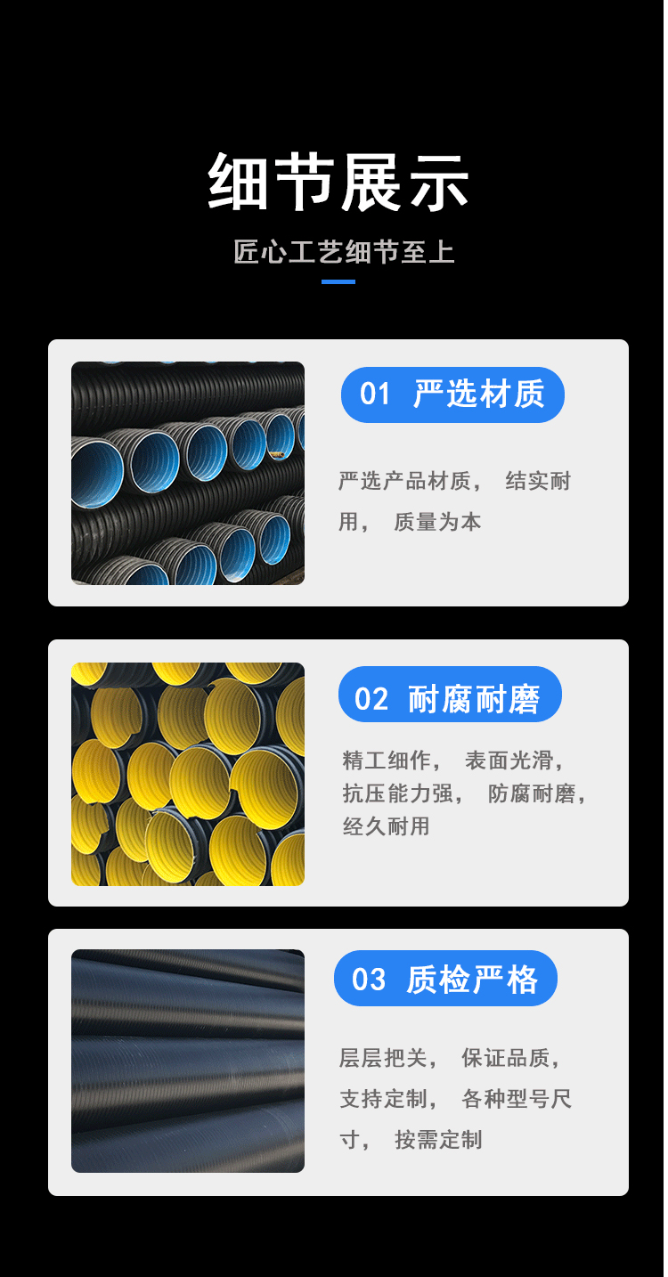 HDPE double wall corrugated pipe DN200, 300, 400, 500, Grade 8 municipal sewage pipe, reinforced drainage pipe