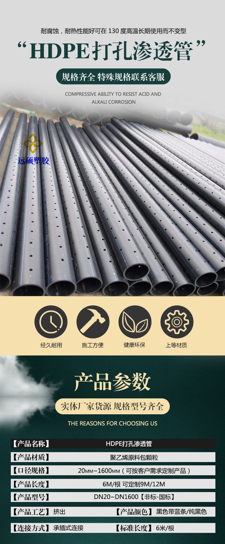 HDPE perforated pipe with a diameter of 200mm. Polyethylene PE drainage pipe with air conduction and drainage openings can be customized