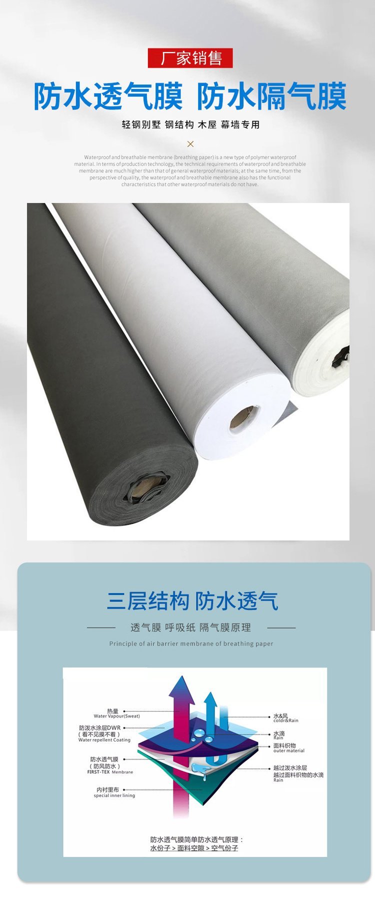 Qiyu Light Steel Villa Breathing Paper Waterproof and Breathable Membrane Curtain Wall Moisture and Vapor Barrier Membrane