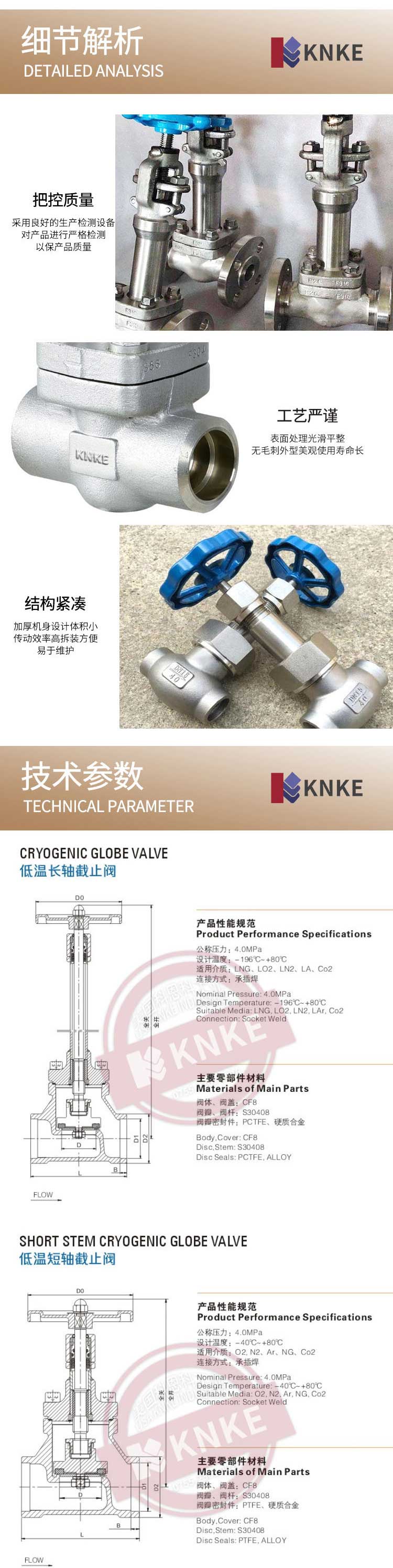 Imported flange low-temperature long shaft globe valve, American KNKE brand