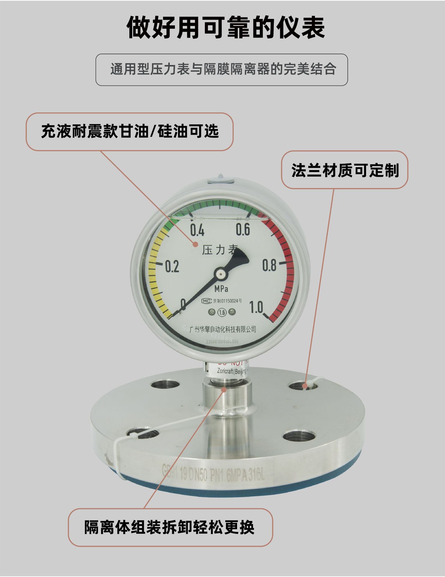 Zhuoran Tiangong diaphragm pressure gauge with flange connection, stainless steel shockproof, corrosion-resistant, high-temperature resistant, high-precision vacuum gauge