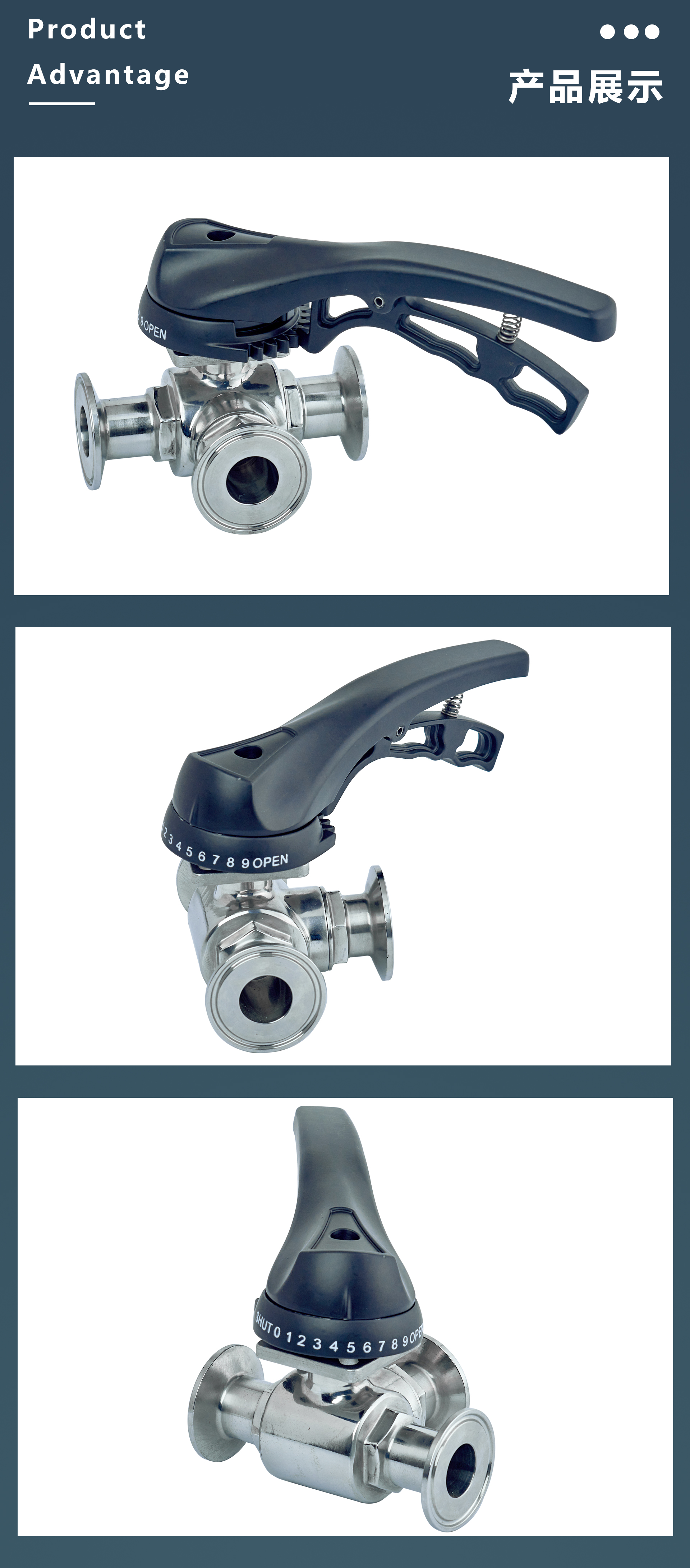 Hygienic food grade manual duckbill quick fitting three-way ball valve positioning plastic handle T-shaped/L-shaped valve