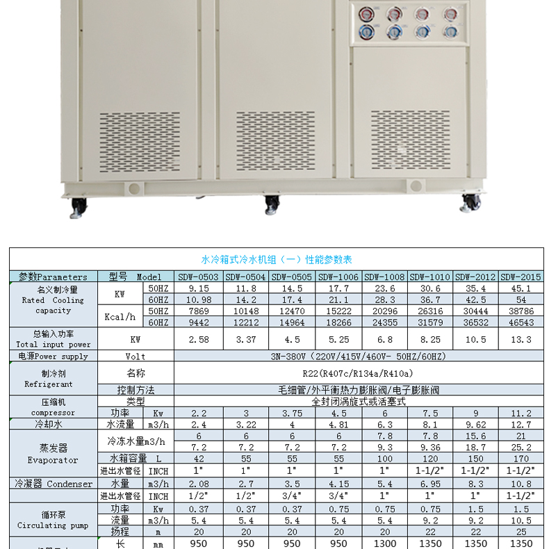 Industrial chiller, air-cooled freezer, 60 horsepower water-cooled chiller