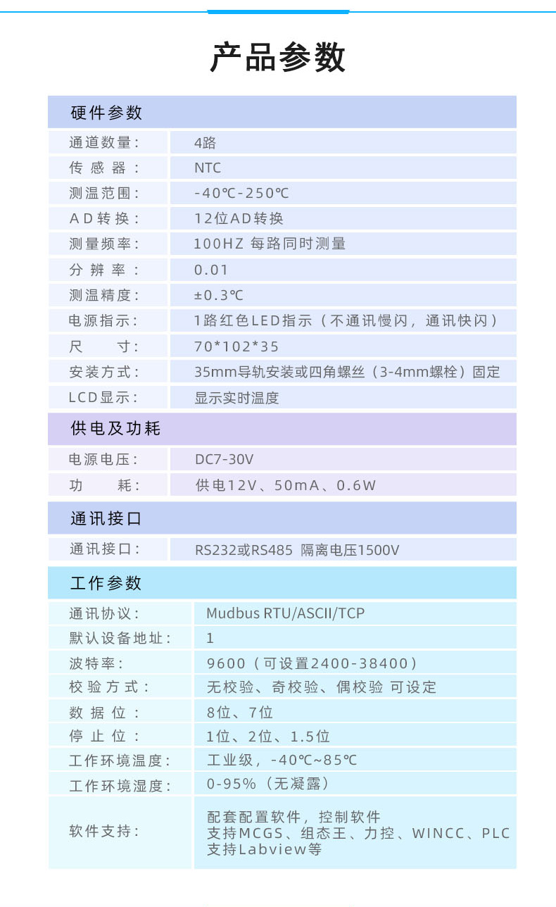 0400NTC thermistor temperature acquisition module 4-channel temperature transmitter 485 temperature sensor thermistor