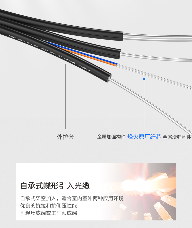 FiberHome Telecom grade self-supporting metal butterfly optical cable GJYXCH fiber optic cable