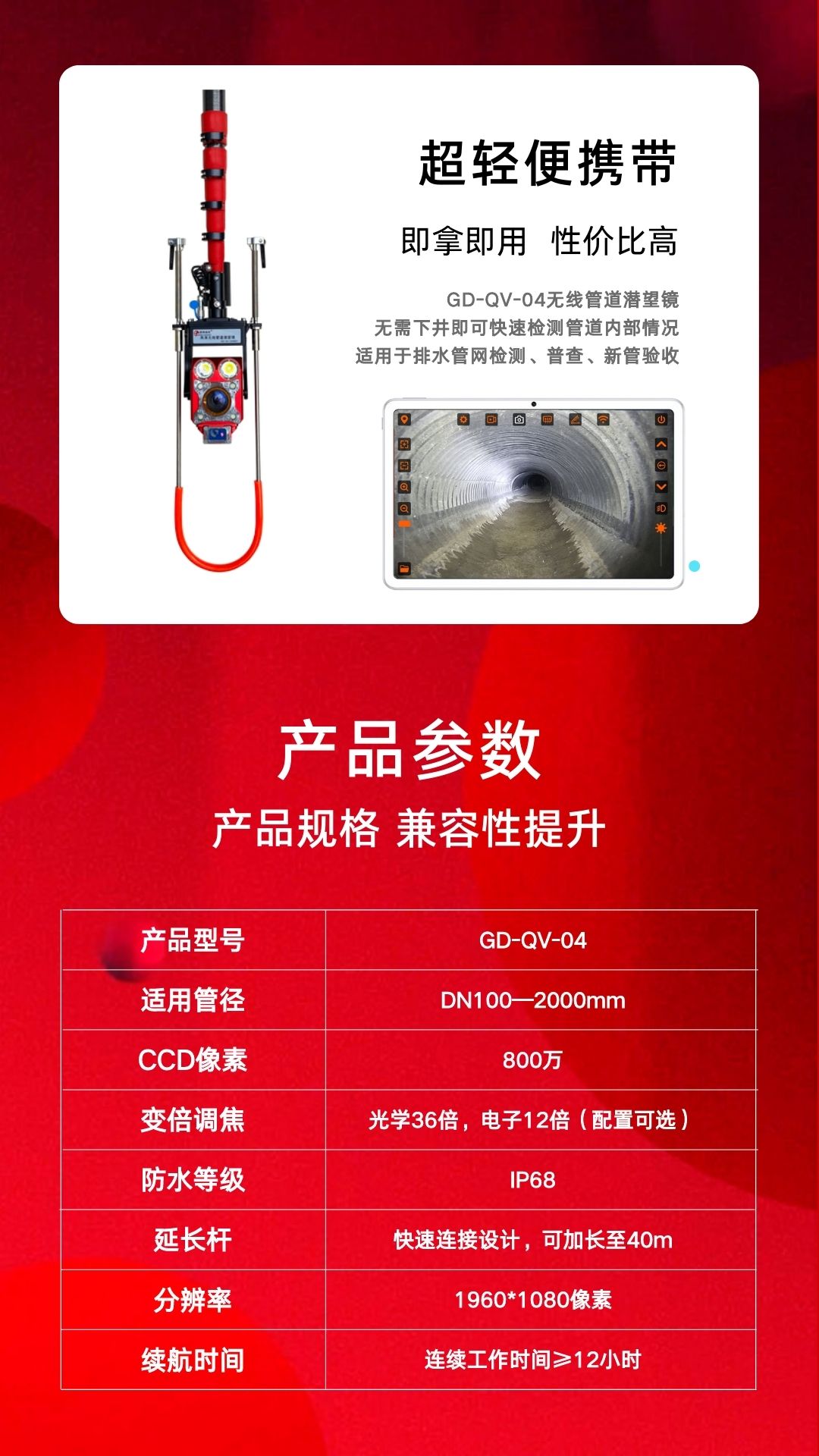 Gude Advanced Wireless Pipeline Periscope GD-QV-04 Rapid Detection of Municipal Rainwater and Sewage Drainage Pipes