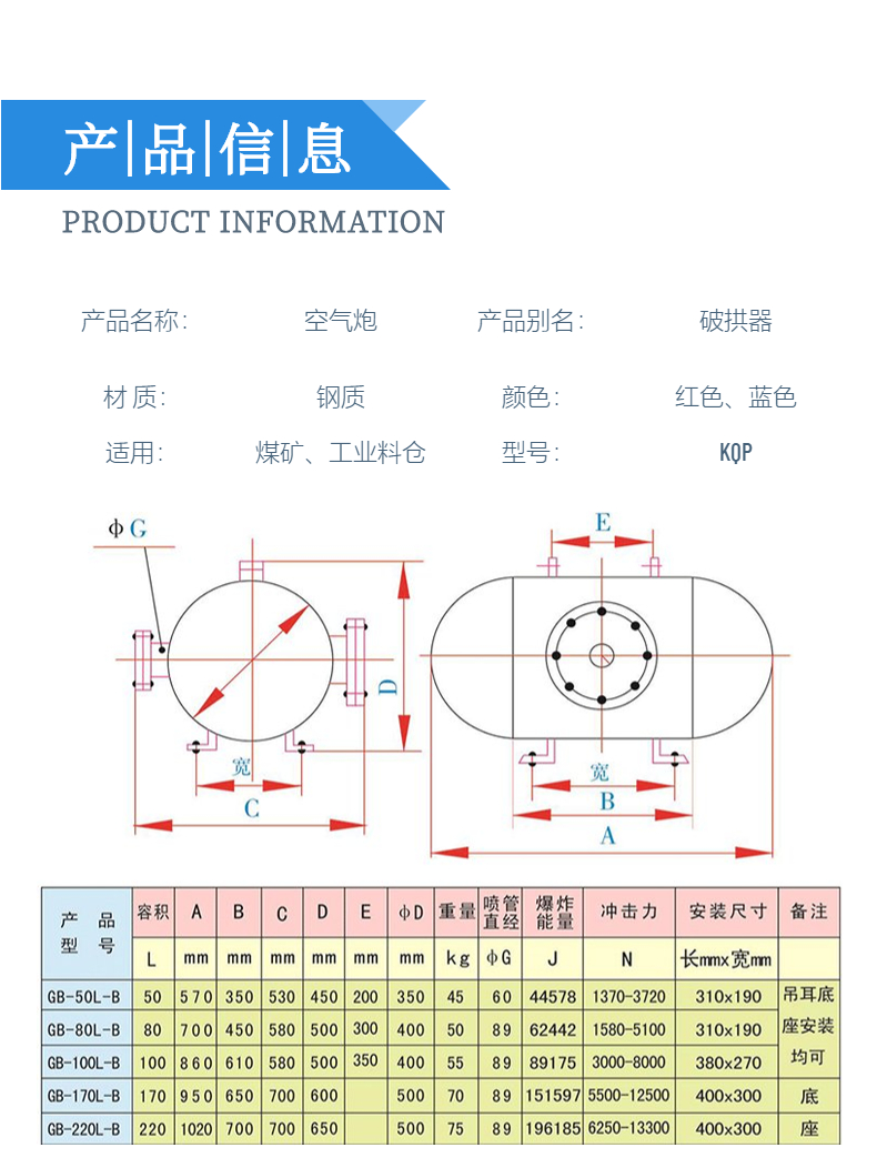 Special KQP arch breaking flow aid for air cannon coal mine silo blockage removal, with high impact force and high blockage removal efficiency. Yide