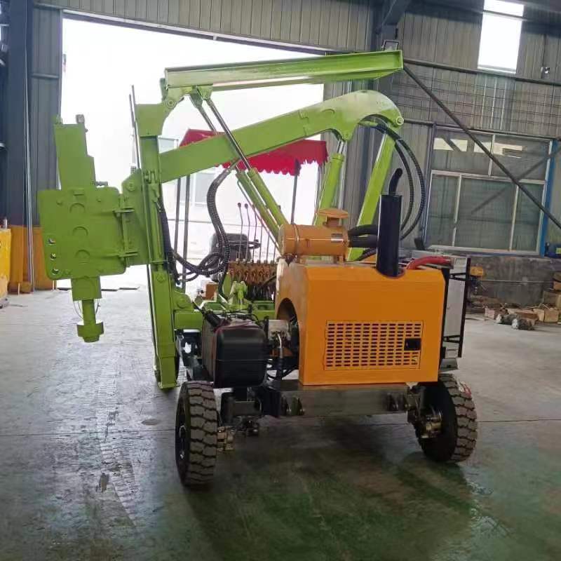 Installation and construction of a small four wheel drilling and extraction integrated construction team for highway guardrail pile driver with loading hydraulic system