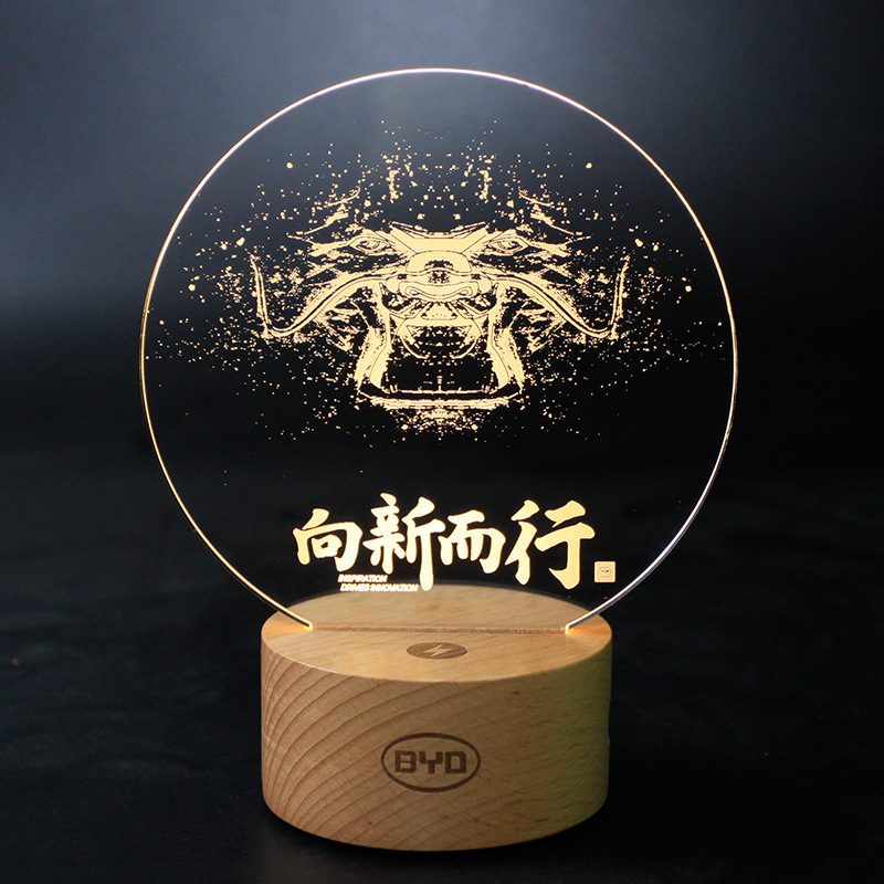 Beech Creative 3D Night Light Enterprise Company Advertising Promotion Design Pattern Logo Solid Wood Base LED Table Lamp