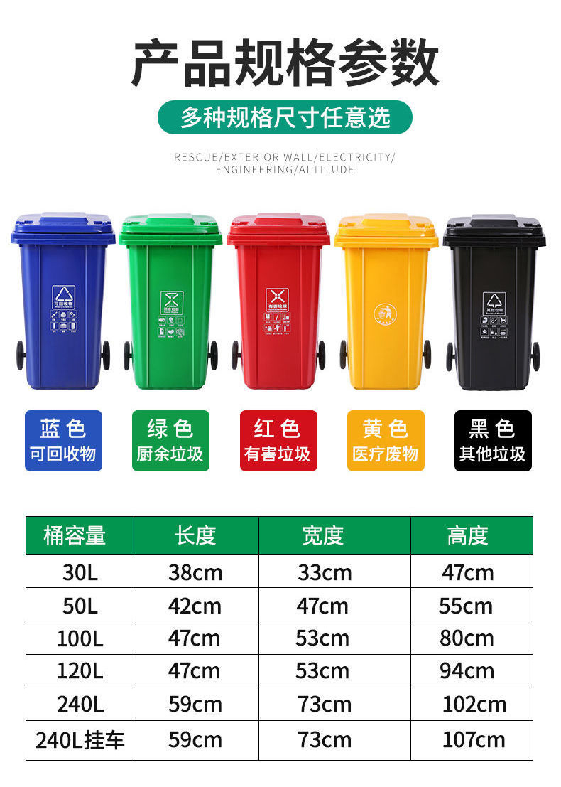 Plastic environmental sanitation garbage bin Outdoor garbage storage bin Large commercial classification garbage bin with trailer