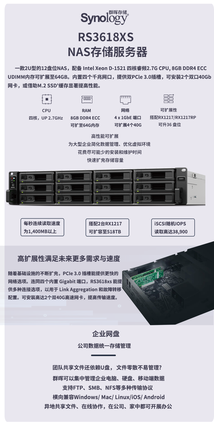 Qunhui 12 disk RS3618xs backup all-in-one machine data disaster recovery high-performance network storage NAS server