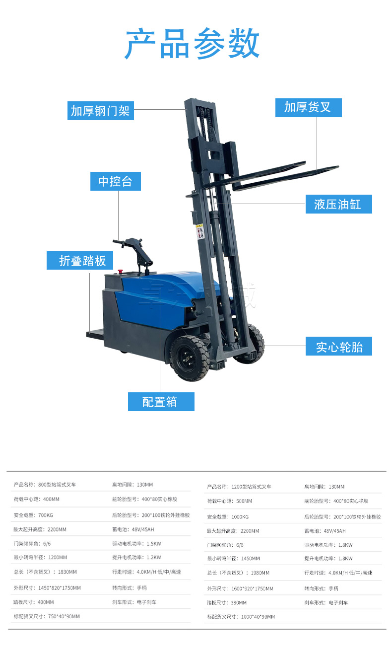 Station driven fully electric forklift for handling and stacking, hand supported vertical stacker