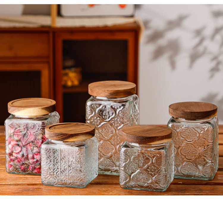 Square Chinese style relief storage tank Hammer pattern transparent glass kitchen storage tank Tea tangerine peel storage tank