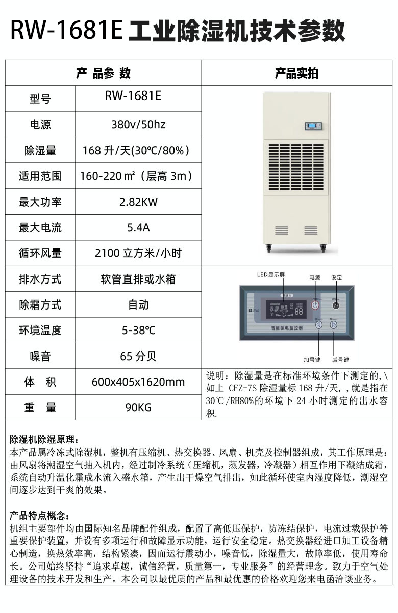 Ruiwang dehumidifier high-power 168L suitable for underground warehouses, distribution rooms, archives, industrial dehumidifiers