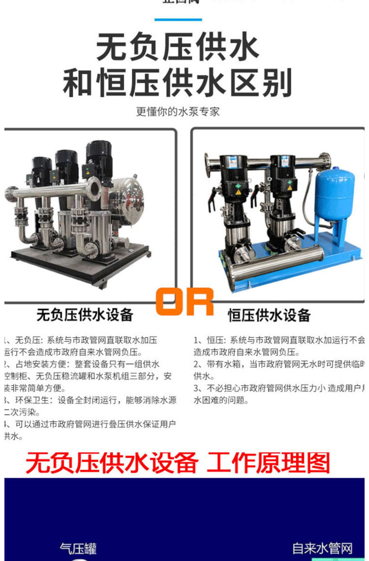 Variable frequency constant pressure non negative pressure water supply equipment secondary increase pressure stainless steel pipeline multi-stage pump steady flow tank control cabinet