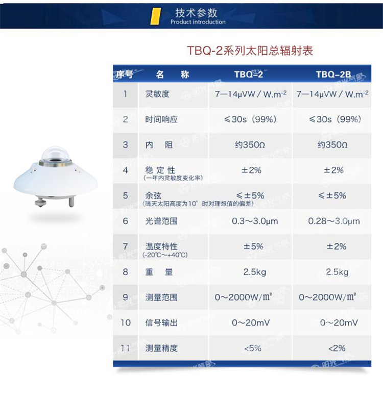 The TBQ-2 series solar radiation monitoring equipment of the total solar radiation meter has high accuracy of the total solar radiation sensor