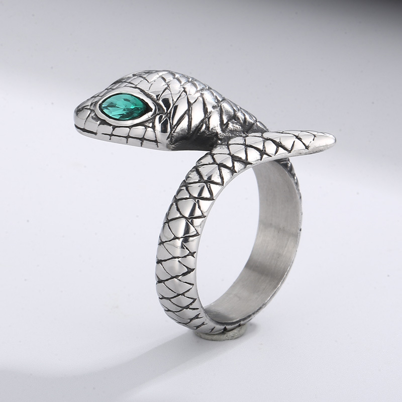 European and American niche design stainless steel snake bracelet with punk style personality trendy men's creative green eyed snake titanium steel ring