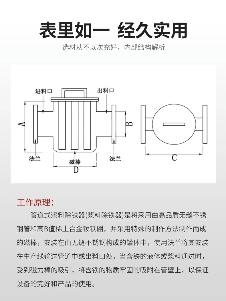 Stainless steel magnetic filter, strong magnetic iron remover, sanitary grade pipeline iron remover, liquid slurry, strong magnetic rod