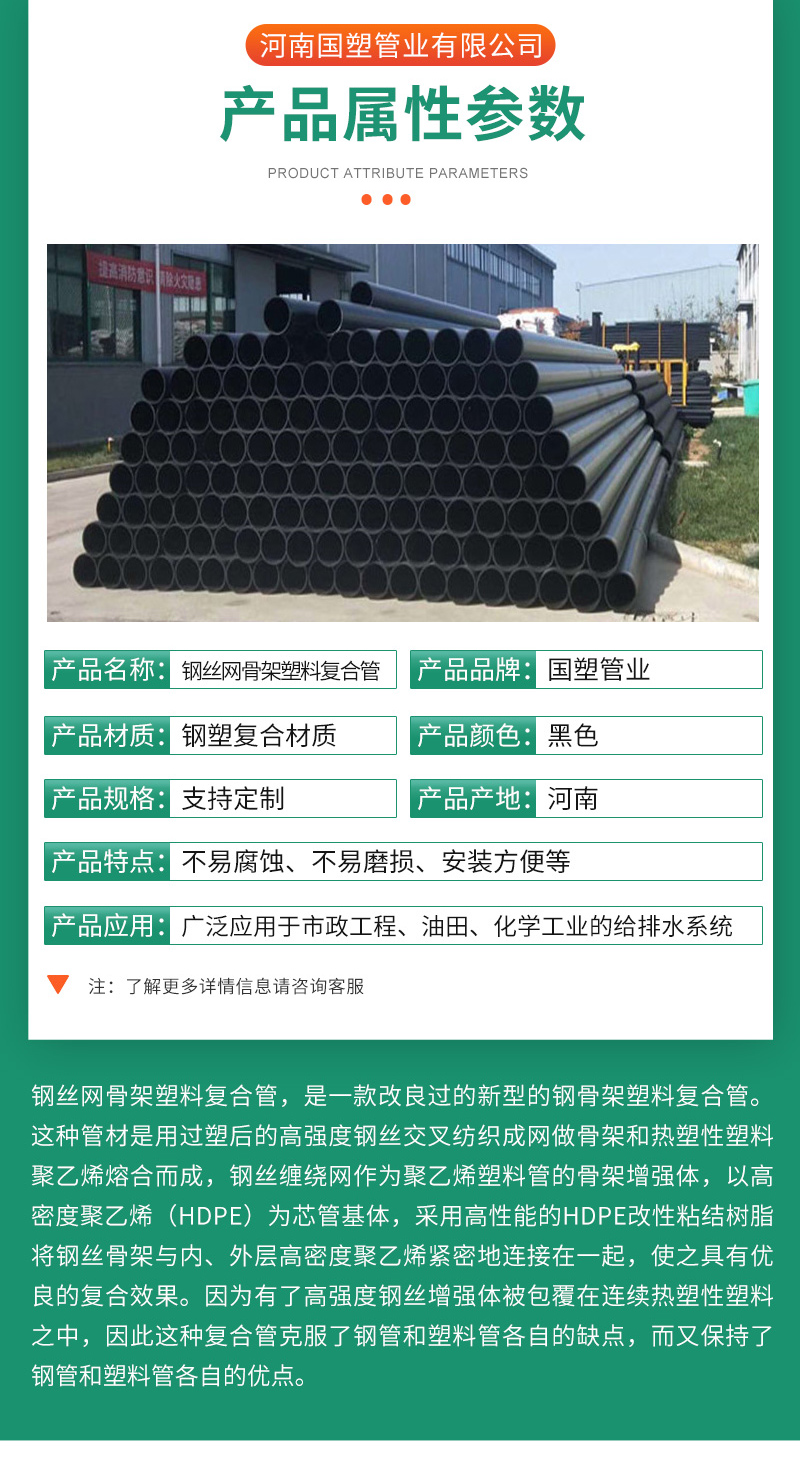 Steel wire mesh skeleton pipe, steel plastic composite pipe, plastic pipe for water supply, with complete specifications from China Plastics Pipe Industry