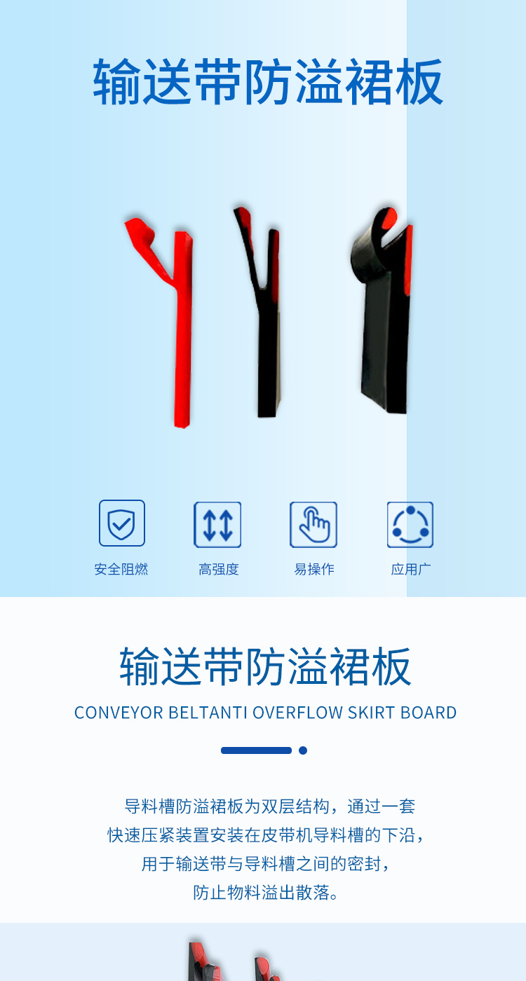 The Y-shaped anti overflow skirt plate of the conveyor belt guide groove is easy to install and can be customized. It is supplied by Picson manufacturers