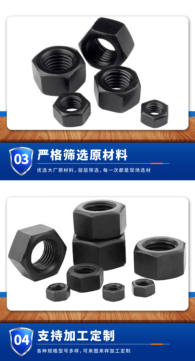 High strength hexagonal nut thickened coarse thread locking national standard fine buckle nut blackened 10.9 grade external hexagonal screw cap