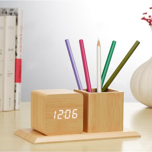 Original manufacturer's creative pen holder desk clock, wooden LED wooden clock, wooden alarm clock, office electronics