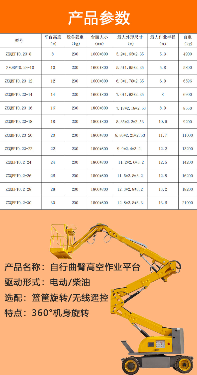 Self walking curved arm elevator for high-altitude operation platform maintenance and uphill movement 360 degree rotary lift truck