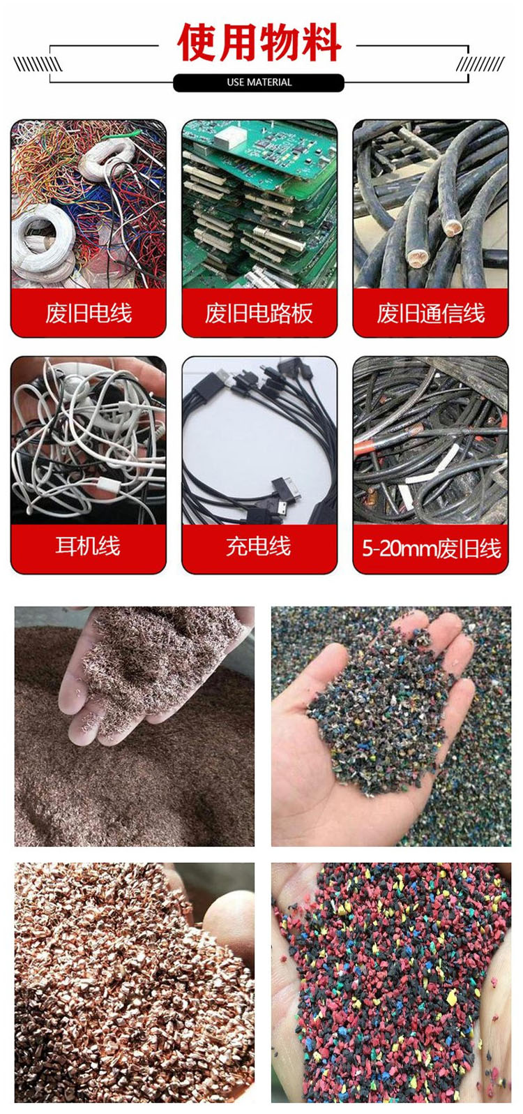 Miscellaneous copper wire crusher, scrap wire fine wire separation, copper rice machine, automobile wire home assembly line processing equipment