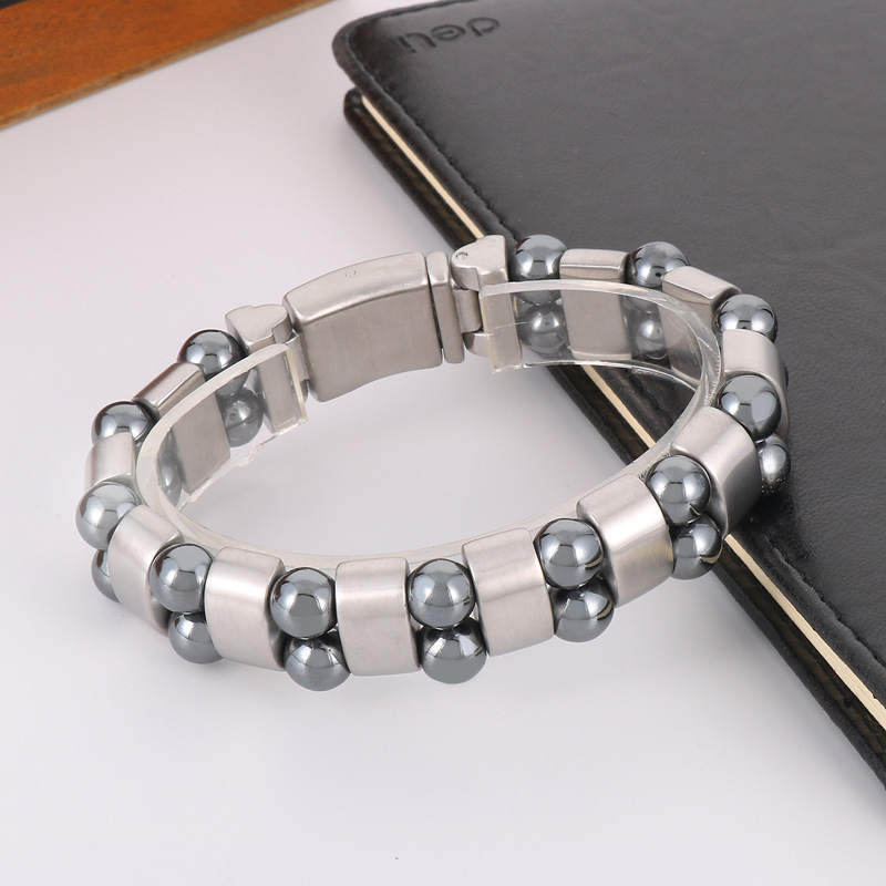 New style magnetic bracelet with wheels, European and American fashion double row gray iron stone round bead stainless steel men's bracelet