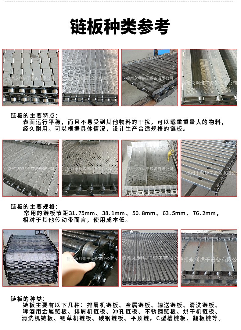 Customized processing of acid resistant metal lifting plates and chains for material lifting machines, conveyor chains, and food processing