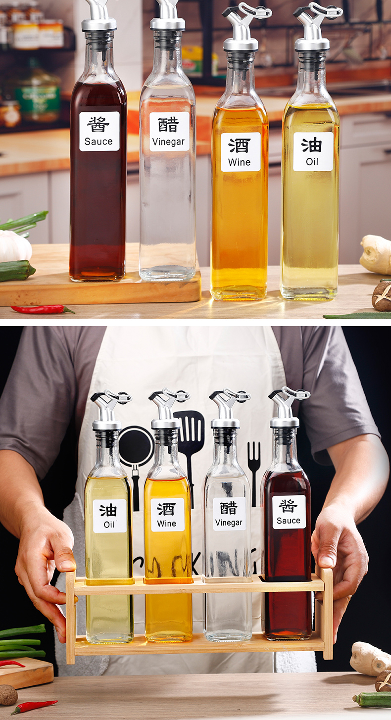 Glass oil bottle, square transparent kitchen, household soy sauce bottle, vinegar bottle, seasoning bottle, automatic opening and closing oil pot with nozzle