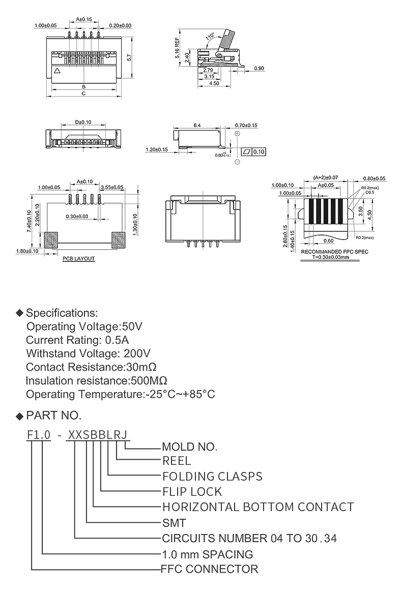 Song Yi Quick Connect 1.0mm FPC Connector SMT Butterfly Buckle Flip Down Contact F1.0-XSBBLRJ