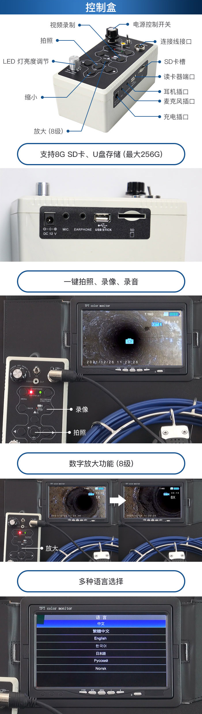 Industrial pipeline endoscope with replaceable optional camera for oil pipeline vessel inspection