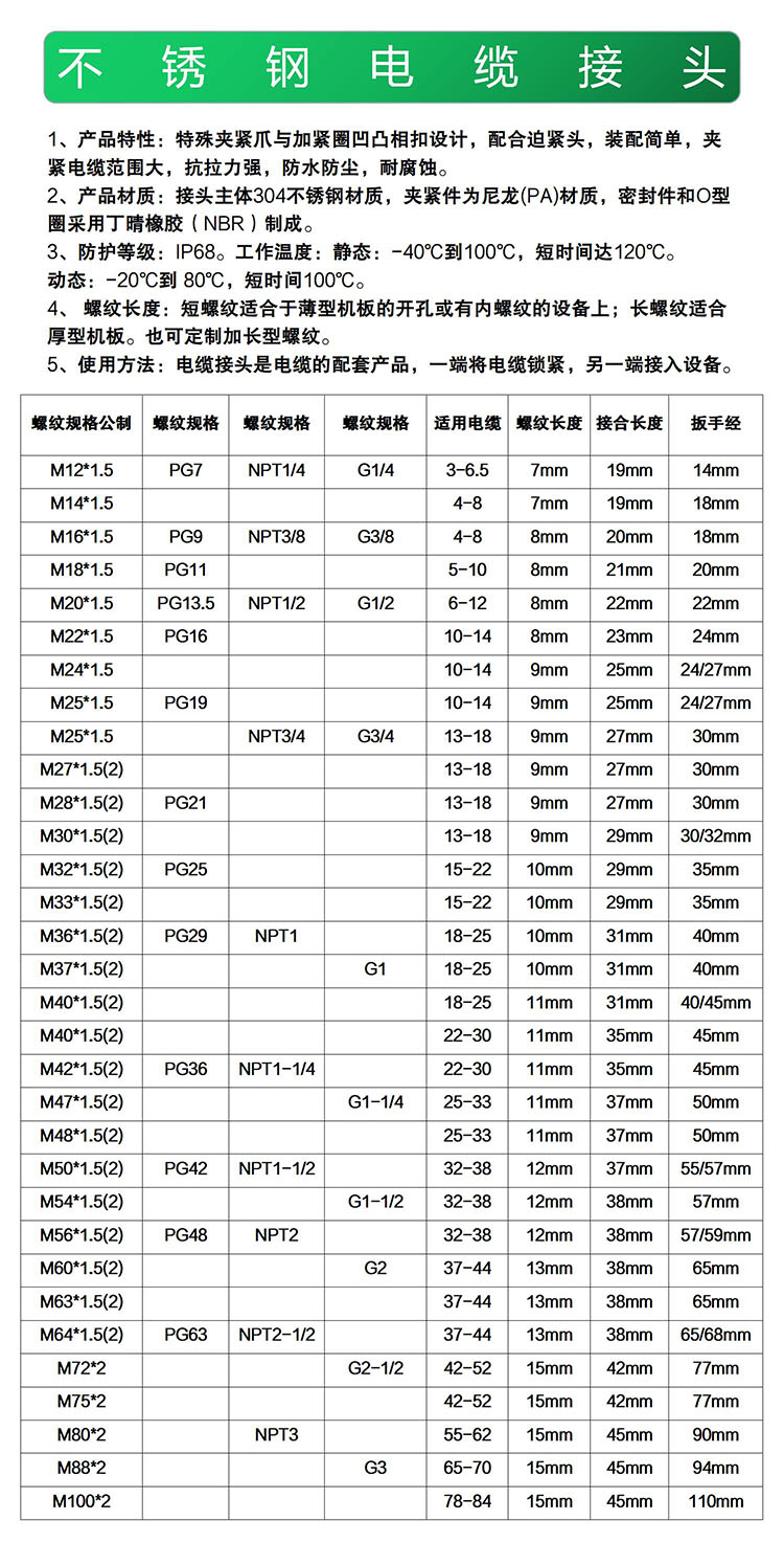 Stainless steel cable connector, flexible electrical pipe head, metal gland head, Yike