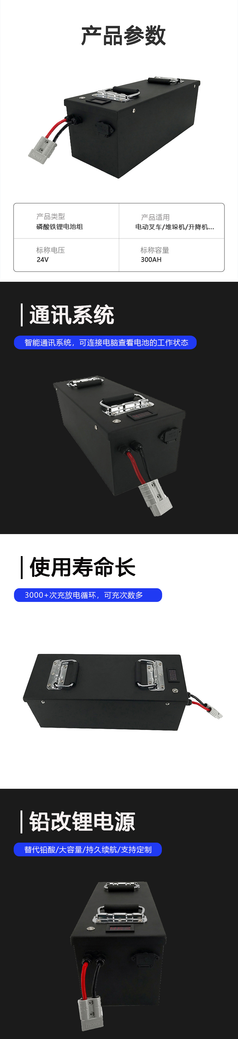 The manufacturer provides lithium batteries for electric forklifts, lead-acid as an alternative power source, elevators, logistics trucks, stackers, and batteries